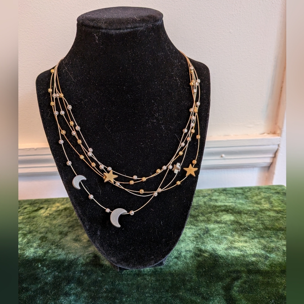 Chico's Vintage Gold and Silver Toned Star & Moon Layered Necklace